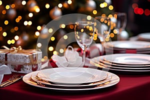 Christmas family dinner table setting with blurred background