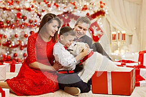 Christmas Family give Dog Present Gift, celebrating Happy New Year