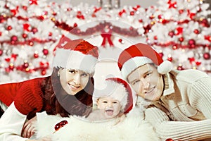 Christmas Family Portrait, Newborn Baby in Santa Hat, Happy New