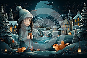 Christmas fantasy card with little girl against landscape of village houses. Festive postcard
