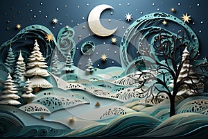 Christmas fantasy landscape paper quilling Illustration with snow trees and moon. Festive postcard