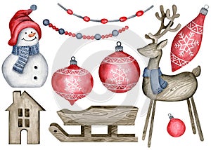 Christmas farmhouse decorations. Rustic watercolor hand drawn winter decoration elements set