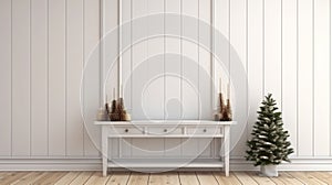 Christmas farmhouse entryway. Wooden console table near white wall. generative ai