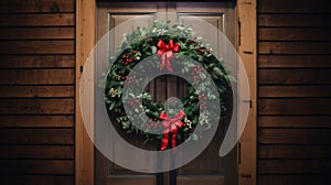 Christmas Farmhouse Wreath Decoration on wooden wall, door. Farmhouse Style Home Welcome Wreath for Happy Holidays