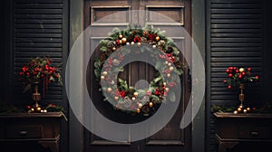 Christmas Farmhouse Wreath Decoration on wooden wall, door. Farmhouse Style Home Welcome Wreath for Happy Holidays