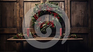 Christmas Farmhouse Wreath Decoration on wooden wall, door. Farmhouse Style Home Welcome Wreath for Happy Holidays