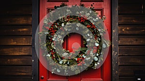 Christmas Farmhouse Wreath Decoration on wooden wall, door. Farmhouse Style Home Welcome Wreath for Happy Holidays