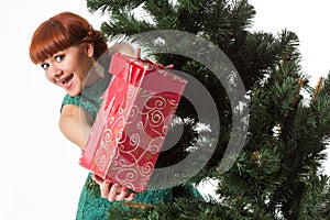 Christmas Fashion Woman with Gifts in Fir Tree Green Dress, Group of Beauty Models in Fantasy Xmas Holiday Gown