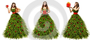 Christmas Fashion Woman with Gifts in Fir Tree Green Dress, Group of Beauty Models in Fantasy Xmas Holiday Gown Decorated with