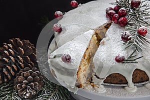 The Christmas feast. Homemade cakes and pies for Christmas. Festive mood. Cake decorated with cranberries and tree