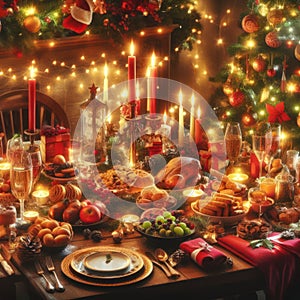 christmas feast laid out on table