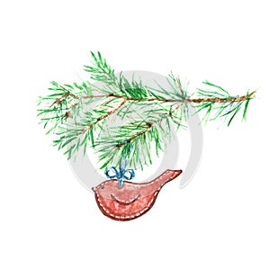 Christmas felted bird red ornament and tree pine branch on white background, isolated.