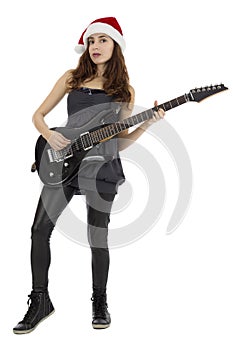 Christmas female guitarist playing a black electric guitar