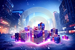 Christmas festival, synthwave,snowfall in the city,snowfield,giftboxes. Generative AI