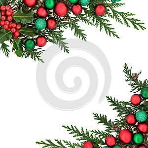 Christmas Festive Background Border with Baubles and Flora