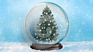 Christmas festive background. Winter snowy shiny  backdrop. Glass snow globe with Christmas tree