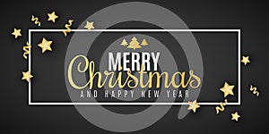 Christmas festive banner. Golden stars with confetti and serpentine. Stylish lettering in frame. Greeting card. Vector