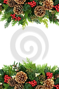 Christmas Festive Border with Pine Cones and Winter Greenery