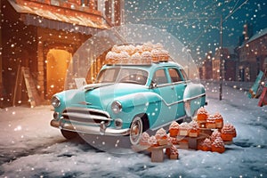 christmas festive car holiday snow candy merry winter gift retro. Generative AI.