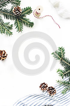 Christmas festive composition. Decorative floral frame. Fir tree branches border. Pine cones, gift rope, ribbon and