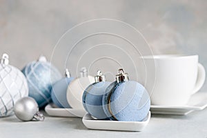 Christmas festive composition with macaron macaroon and Christmas balls in blue