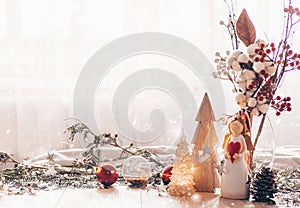 Christmas festive decor still life on wooden background, concept of home comfort and holiday