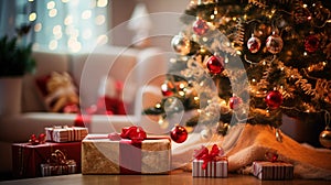 Christmas festive decorated background with gifts under fir tree. Generative AI