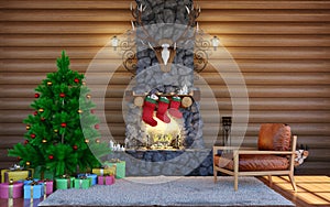 Christmas festive decorations. Room interior in log cabin building with stone fireplace. Christmas living room interior