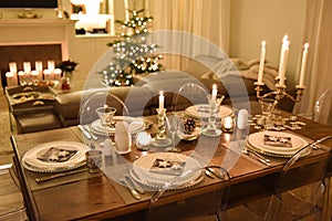 Christmas festive dinner table settings in white