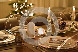 Christmas festive dinner table settings in white