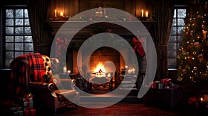 christmas Festive Fireplace: A roaring fireplace a lush garland decorated with ribbons, baubles, and twinkling lights, with a cozy