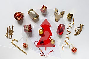 Christmas festive flat lay composition with Christmas balls, decorations and gift boxes