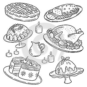 Christmas festive food collection, family dinner set, turkey, pudding, sweet pie, cut meat, cake, muffin, doodle drawing.