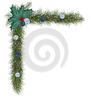 Christmas festive garland with ornaments, fir tree branches, holly and berries, watercolor Christmas garland illustration
