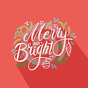 Christmas festive greeting card design. Fir tree branch with hanging decorative baubles and lettering composition. New Year