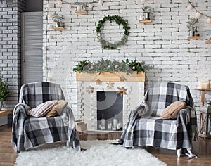 Christmas festive interior in grey and white colors