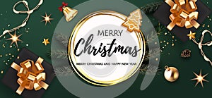 Christmas festive luxury banner. Background Xmas design of realistic gifts box with bow, fir tree branch, Xmas balls