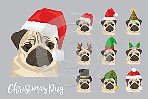 Christmas festive pug dog wearing celebration hats