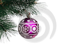 Christmas festive purple balloon with the image of a spruce and snowflakes for decoration hanging on artificial branches of a fir-