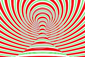 Christmas festive red and green spiral tunnel. Striped twisted xmas optical illusion. Hypnotic background. 3D render illustration.