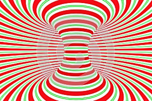 Christmas festive red and green spiral tunnel. Striped twisted xmas optical illusion. Hypnotic background. 3D render illustration.