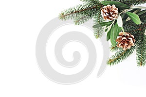 Christmas festive styled stock composition. Decorative corner. Pine cones, Fir and olive tree leaves and branches white