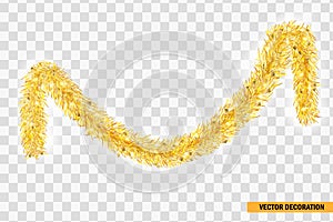 Christmas festive traditional decorations golden lush tinsel. Xmas Detailed wide ribbon garland . Holiday realistic decor