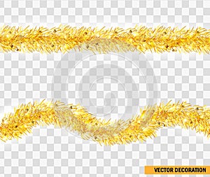 Christmas festive traditional decorations golden lush tinsel. Xmas ribbon garland isolated. Holiday realistic decor element. Tinse