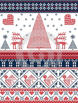 Christmas and festive winter seamless pattern in cross stitch with Xmas trees, snowflakes, Reindeer, stars, hearts in red, blue