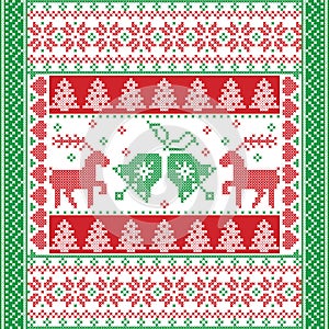 Christmas and festive winter square pattern in cross stitch style with Christmas bell, tree, reindeer, heart, snowflake, star