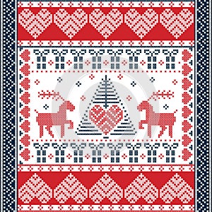 Christmas and festive winter square pattern in cross stitch style with Xmas tree, reindeer, hearts, snowflakes, stars