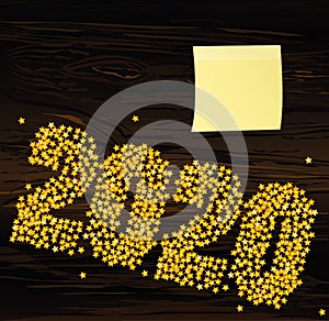 A Christmas the figures 2020 made of confetti. Happy new year winter. Yellow sheet of paper for notes. Sticker. Vector. Greeting