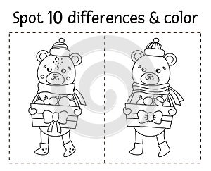 Christmas find differences and color game for children. Winter black and white educational activity with funny bear. Printable