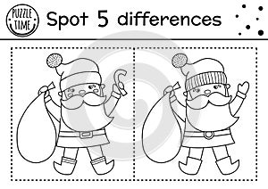 Christmas find differences and color game for children. Winter educational activity with funny Santa Claus. Printable worksheet